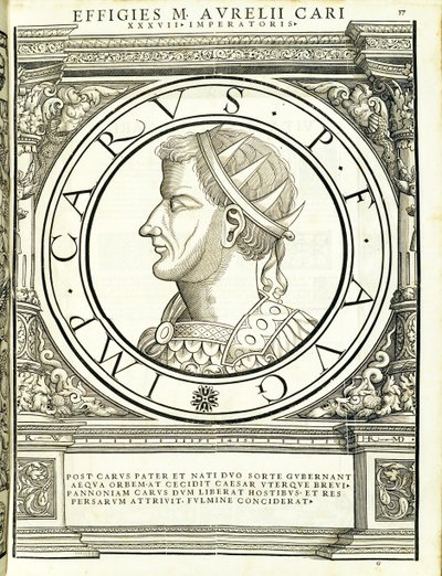 Carus, ilustración de Imperatorum romanorum omnium orientalium et occidentalium verissimae imagines ex antiquis numismatis, 1559 de Hans Rudolf Manuel Deutsch